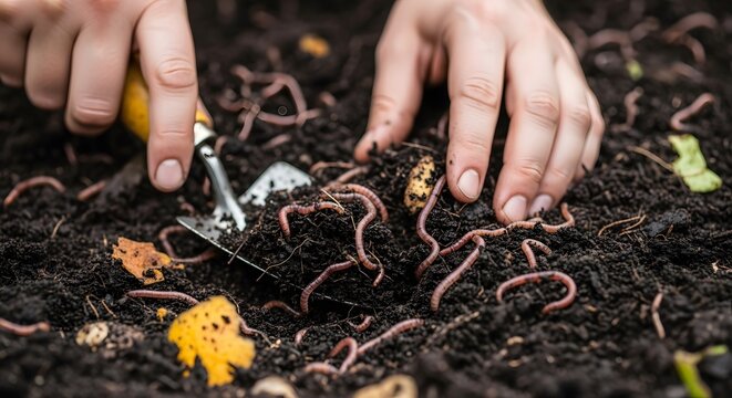 Close up of gardener working with fertile dark compost and red worms for soil health