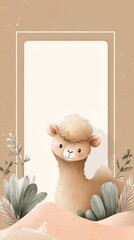 A cute cartoon camel is standing in a field of plants