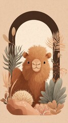 A cartoon camel is standing in a forest with a leafy background