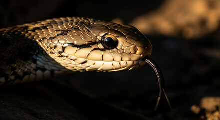 Fototapeta premium Close Up of Snake Head with Tongue Extended in Dim Lighting