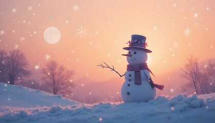 cute snowman on snowy hill with sunset sky and snowflakes