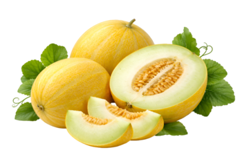 Whole and sliced honeydew melons with green leaves isolated on transparent background