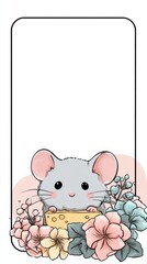 A cute cartoon mouse is sitting on a piece of cheese