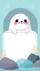 A cute cartoon seal is holding a white board with a blank space on it