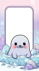A cute cartoon seal is sitting in a bathtub full of ice