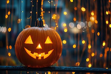 A jack-o'-lantern with a carved face, illuminated by a warm glow from within, set against a backdrop of twinkling lights and softly blurred bokeh, evoking a sense of mystery and anticipation.