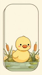A cute yellow duck is sitting in a pond