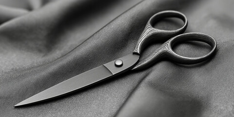 Elegant steel scissors on smooth gray fabric surface symbolizing craftsmanship and precision in textile design