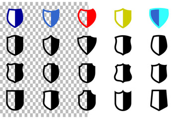 Set of glossy shield icons representing protection security and heraldic design medal, certificate, emblem, celebration, contest, reward, trophy, prize, competition, achievement, golden, vector,