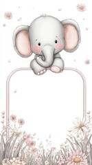 A cute elephant is sitting on a white frame with pink flowers