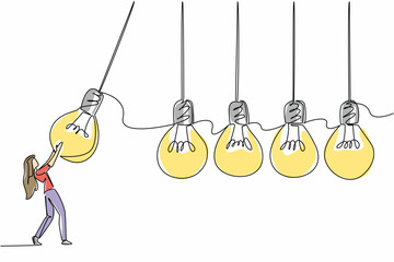 Continuous one line drawing a businesswoman holds a lightbulb and swings it at 4 lightbulbs in a row. Pendulum of encouragement. National Creativity Day. Single line draw design vector illustration