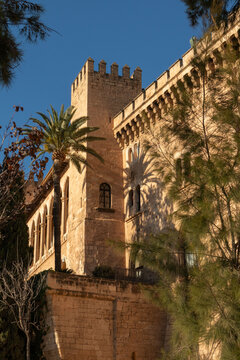 La almudaina royal palace in palma, mallorca, historical landmark with castle architecture under blue sky. Palma de Mallorca, Spain
