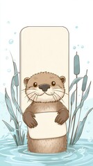 A cartoon otter is holding a white sign in its paws