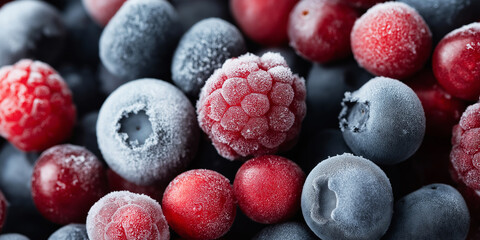 Frozen mixed berries background with frost coating, showing blueberries, raspberries and cranberries for healthy food concept