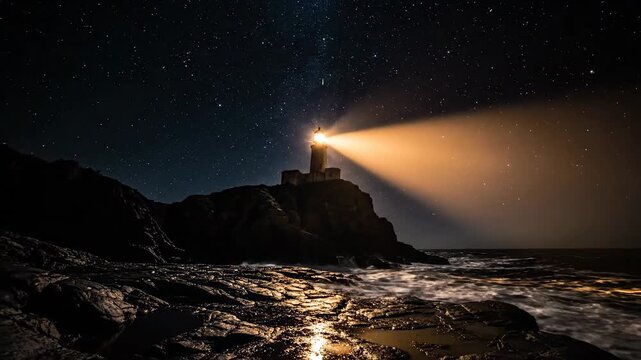 Solitary beacon of amber light pierces the foggy night sky, guiding ships from rocky coast overlooking the vast ocean waves