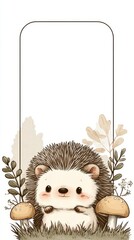 A cute cartoon hedgehog is sitting on a mushroom in a field
