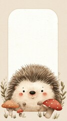 A cute cartoon hedgehog is sitting on a mushroom