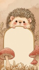 A cute cartoon hedgehog holding a piece of paper in front of a mushroom