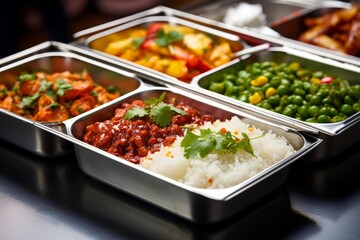 Obraz premium Metal catering trays presenting samples of indian food specialities like rice, meat and vegetables, ready to be served