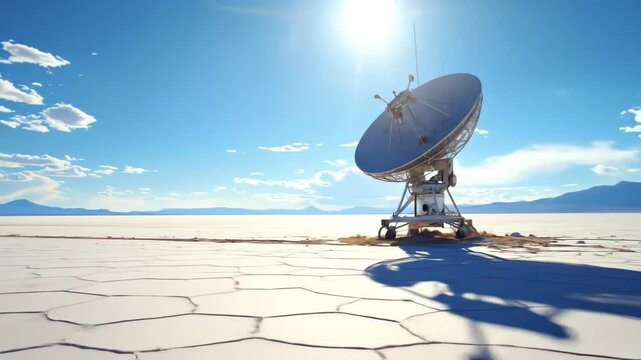 Satellite dish stands tall in the desert under a bright blue sky.