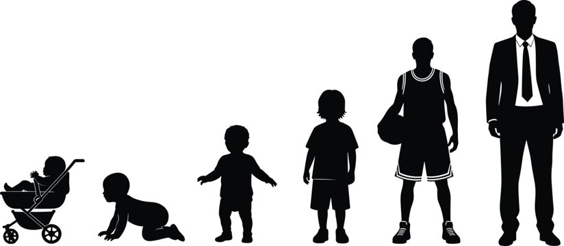 Silhouette illustration of human life stages from baby in stroller to adult businessman, symbolizing growth, development, and the journey of life.