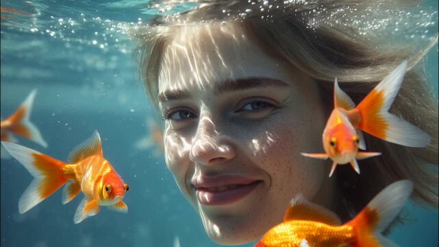 Beauty video of beautiful young woman under water surrounded by gold fishes and smiling to camera.Slow motion.AI Generative.