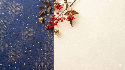 Japanese Washi Background with Nanten and Gold Accents　Elegant Blue Pattern and Bells with Minimal Copy Space