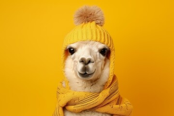 Obraz premium Adorable alpaca wearing a knitted winter hat and scarf, posing against a vibrant yellow backdrop