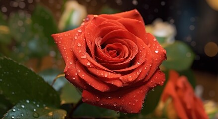 Beautiful red rose with dew drops on a dark background. Mothers Day Concept. Springtime Concept. Roses. Valentine day Concept Isolated on a Background with Copy Space.