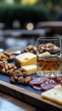Luxury whiskey glass alongsde a carefully curated selction of savory finger foos like artisanal cheese rosted nuts and charcuterie esigned for use in upscaledining and drink settings