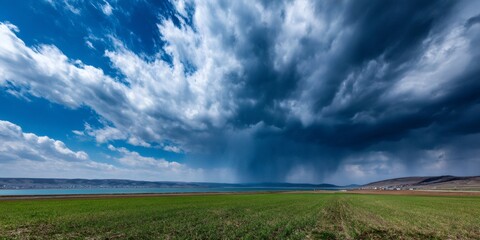Obraz premium Dramatic storm clouds bringing rain over a green field, lake, and distant village under a split blue sky
