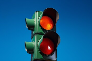 Green traffic light showing red and orange lights against clear blue sky