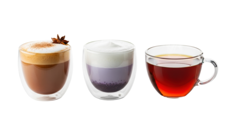 three steaming, hyperdetailed hot teas (chai latte, layered fog, black) in clear glass, garnished, on glossy white infinity background. concept for high-end cafe menu display