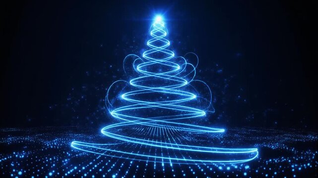 A futuristic glowing blue Christmas tree formed by energy lines and luminous particles Blue