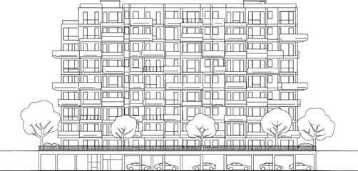 Obraz premium Modern apartment building front elevation with modular balcony design and underground parking garage architectural vector line illustration.