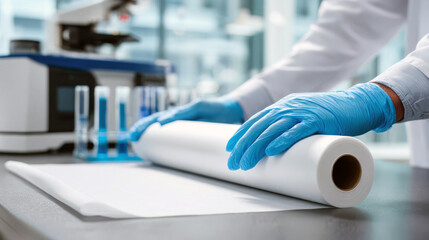 Laboratory worker prepares materials in a research facility with safety equipment and tools
