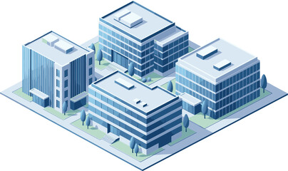 Modern isometric office buildings and corporate business park complex for commercial real estate and city infrastructure vector illustration.