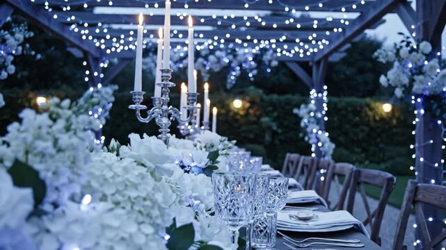 Cinematic Elegant Wedding Table Setting with White Flowers and Candles Under String Lights at Twilight