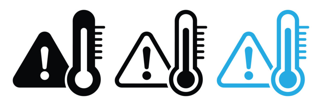 Warning heat icons with thermometers for temperature alerts,High temperature warning icon. Vector icon isolated on white background,