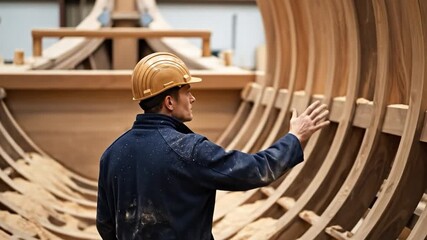 Skilled Male Carpenter Inspecting Boat Hull in Workshop - Focus on Craftsmanship, Woodworking, and Boat Building Techniques