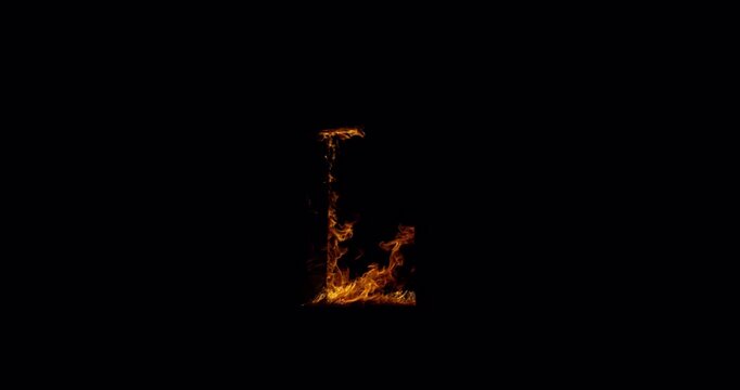 Burning letter L with realistic fire on black background, perfect for visual effects and overlays.