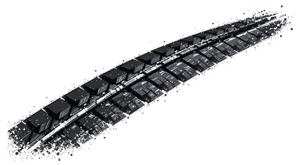 curved tire track arcs across a white background, finished with scattered splash splatters. Ideal for automotive, speed, and design concepts, conveying motion, momentum.