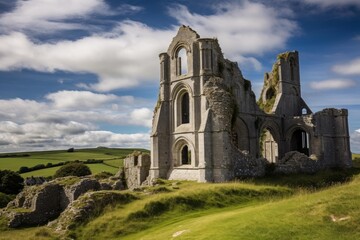Ancient ruins of abbotsbury abbey, a historic landmark in rural dorset, england, bathed in sunlight against a backdrop of green fields