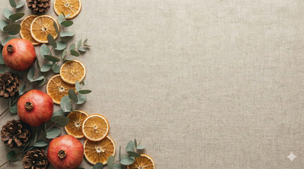 Natural Winter Frame with Pomegranate and Dried Oranges　Warm Rustic Composition on Linen Background with Copy Space
