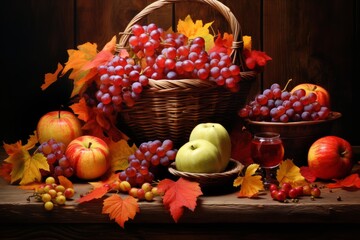 Ripe grapes, apples, and a glass of wine create a beautiful autumn still life on a rustic wooden table