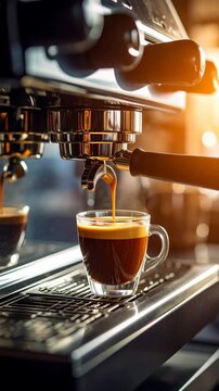Close-up espresso shot being poured into clear glass cup with rich crema from professional espresso machine