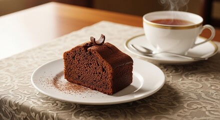 優雅な午後のひととき：エレガントな空間で楽しむ、濃厚チョコレートパウンドケーキと温かい紅茶のセット