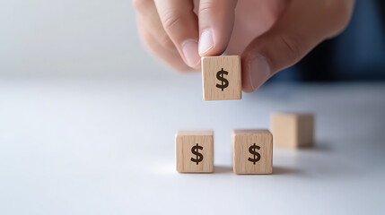 Hand carefully placing a wooden block with a dollar sign on top of two others, symbolizing financial strategy and wealth creation in a simple, minimalist style.