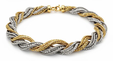 きらめくダイヤモンドをちりばめた金銀の編み込みブレスレットが華やかに輝きをまとう. AI Generated