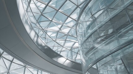 Inside a modern building, showing a glass facade with complex geometric and curved shapes, bathed in cool light